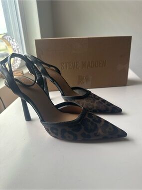 Steve Madden Leopard Print Pointed Toe Slingback Heels - Black/Tan